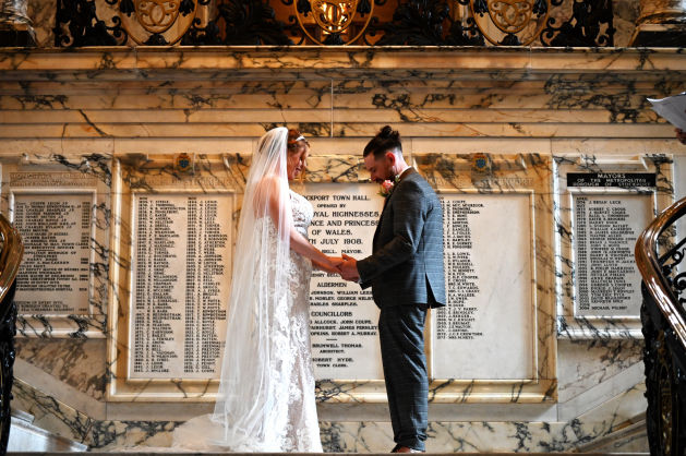 MoBride and groom at Stockport Town Hall